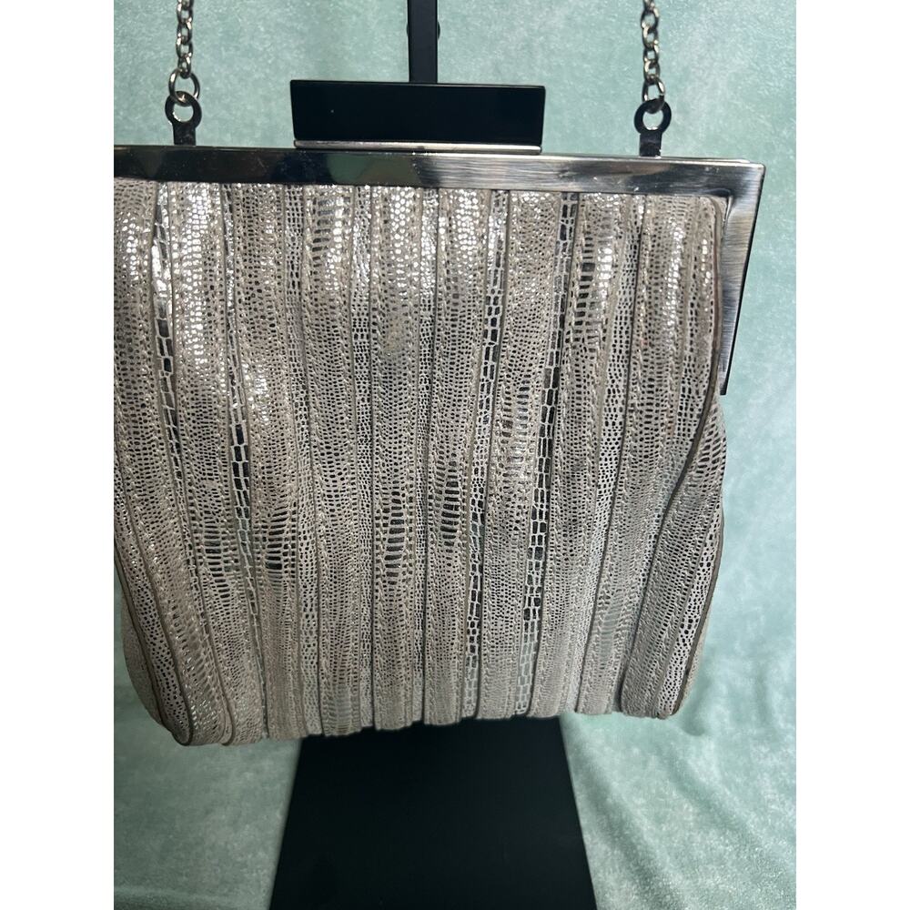 Vintage Annabel Ingall Platinum Lame' Leather Convertible Clutch Bag Purse Y2K